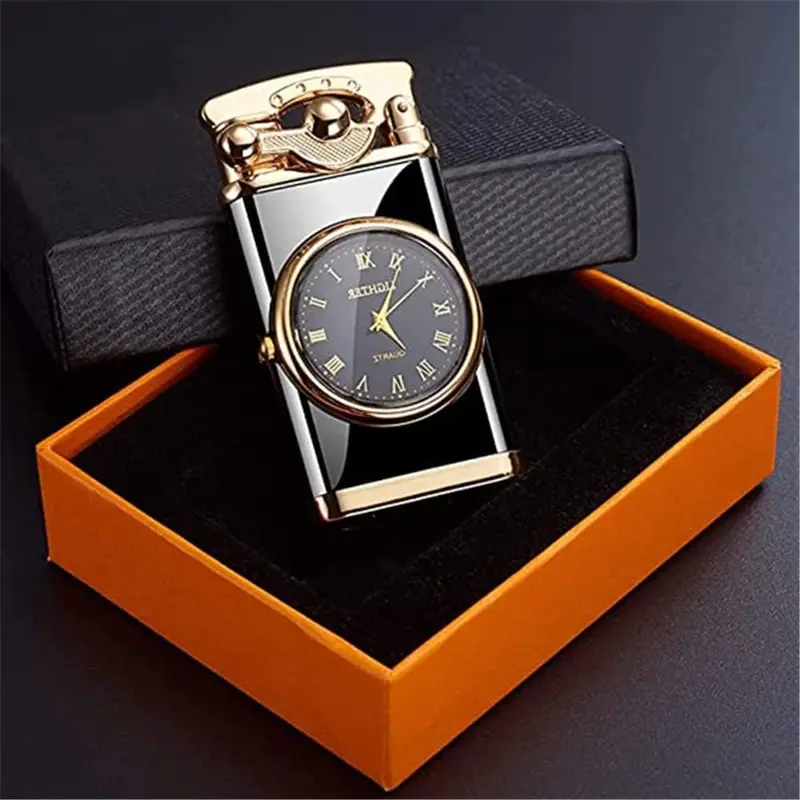 Briquet Double Flamme avec Horloge Intégrée - Finition Dorée