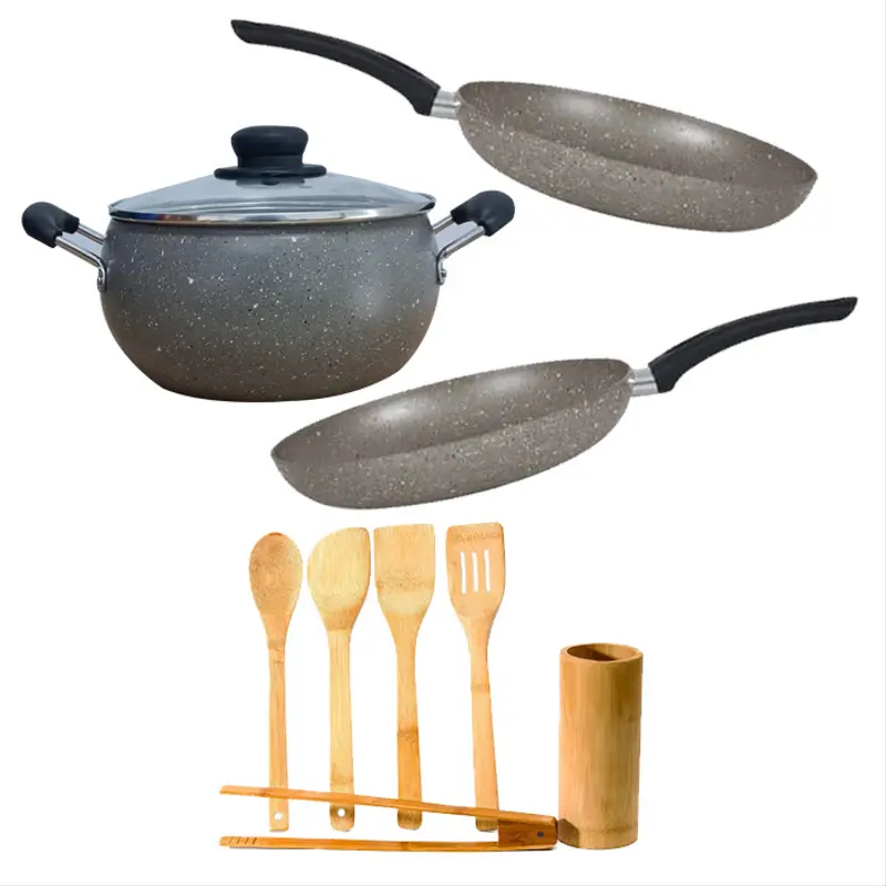 Pack de Cuisine 10pcs – 4pcs en Granite Gris + 6pcs en Bambou Écologique