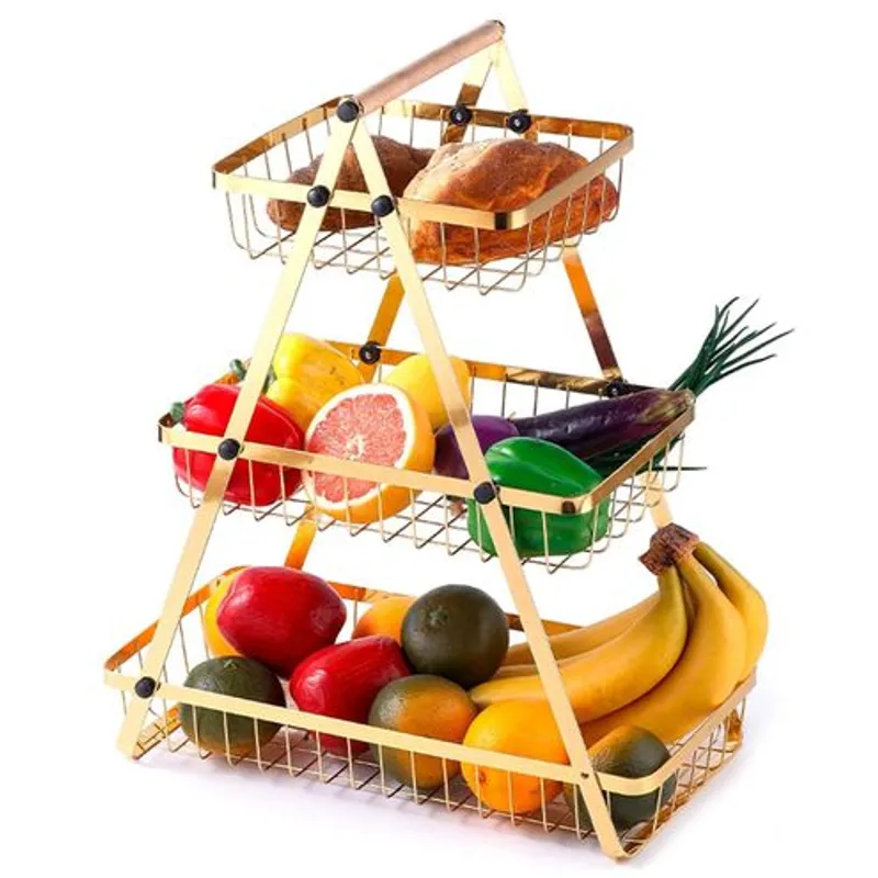 Generic Étagère De Rangement À 3 Niveaux Doré Fil de Fer Avec Manche En Bois