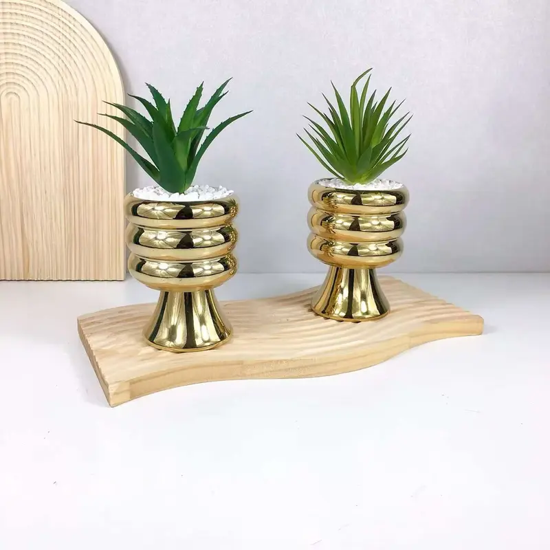 Lot de 2 Plantes Artificielles avec Pots en Céramique Dorée