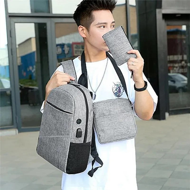 3PCS Backpack Set Men's USB Charging Business Laptop Backbag
