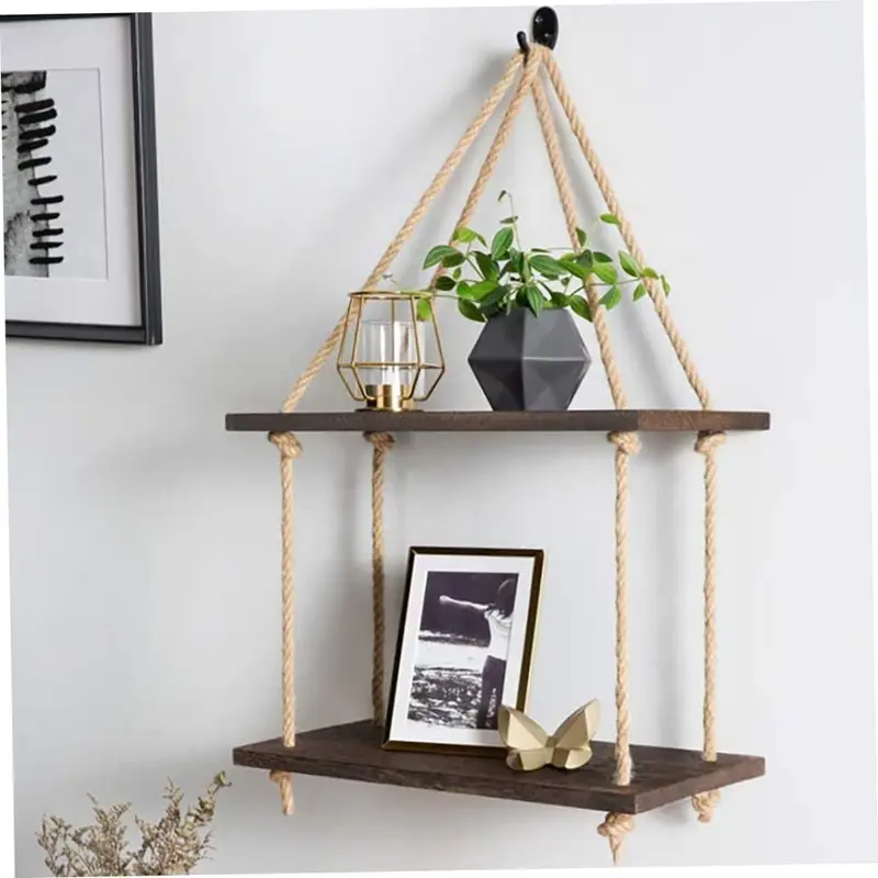 Étagère Double Murale Suspendue en Bois Rustique avec Corde – Style Vintage