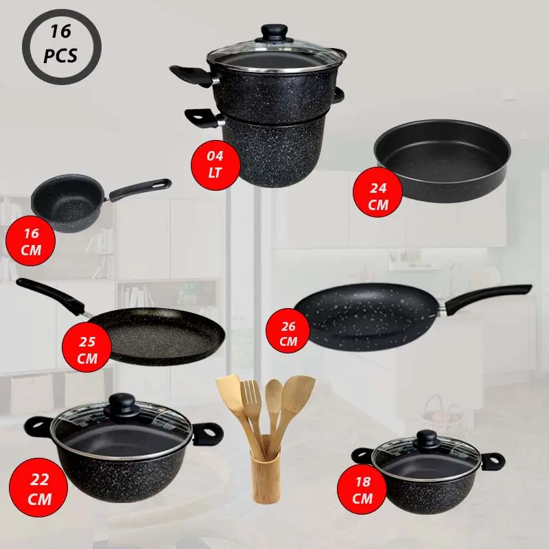 Batterie de Cuisine Cook'art Granite 16 Pièces – en Granite Noir pour Cuisine