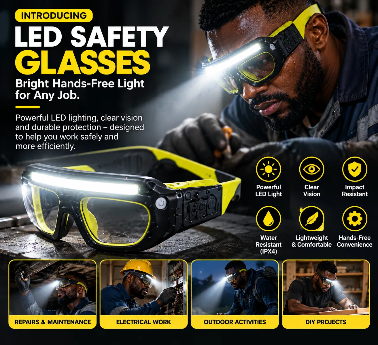 LED safety glasses bright hands free lighting