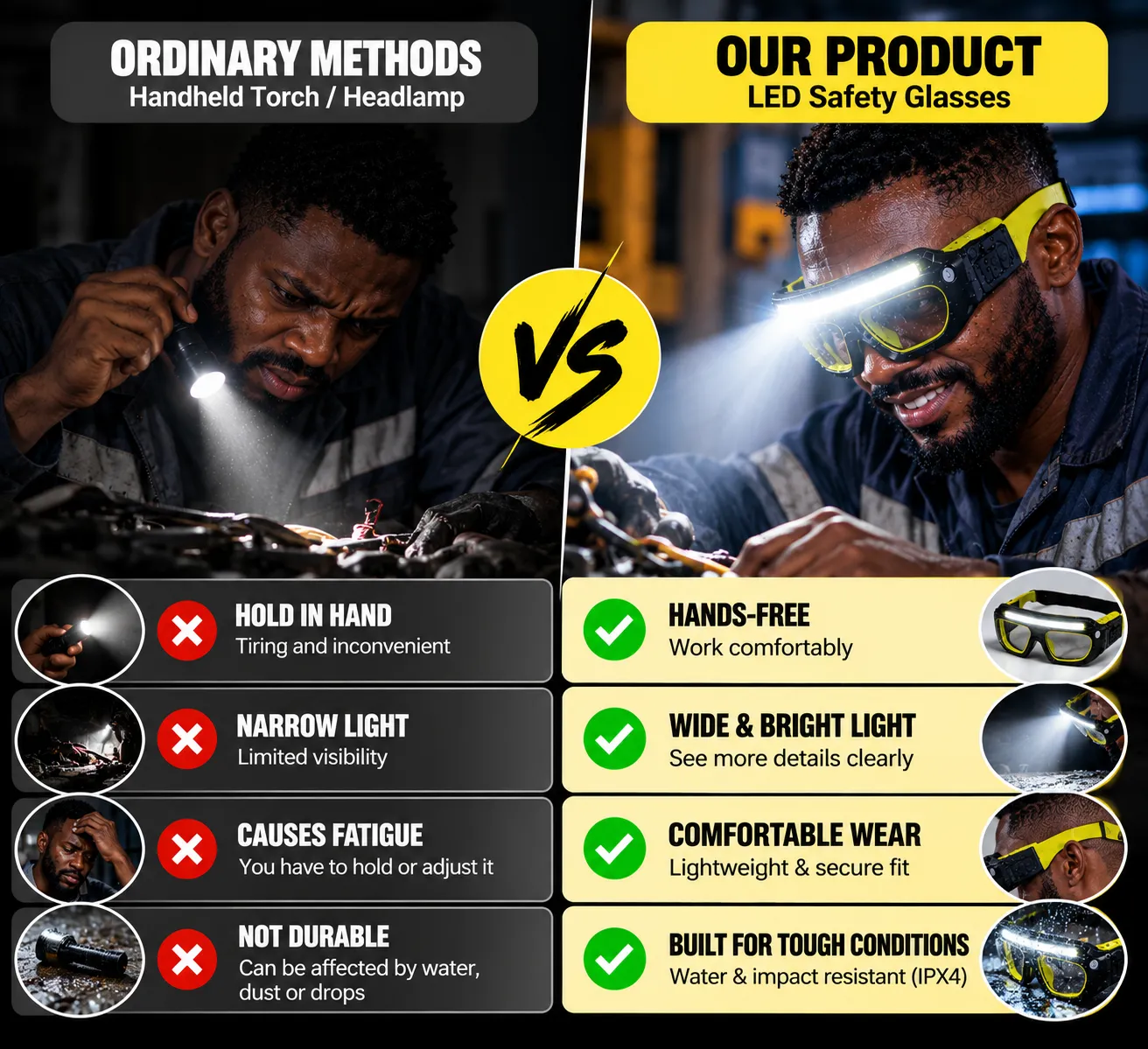 Hands free LED glasses compared with flashlight
