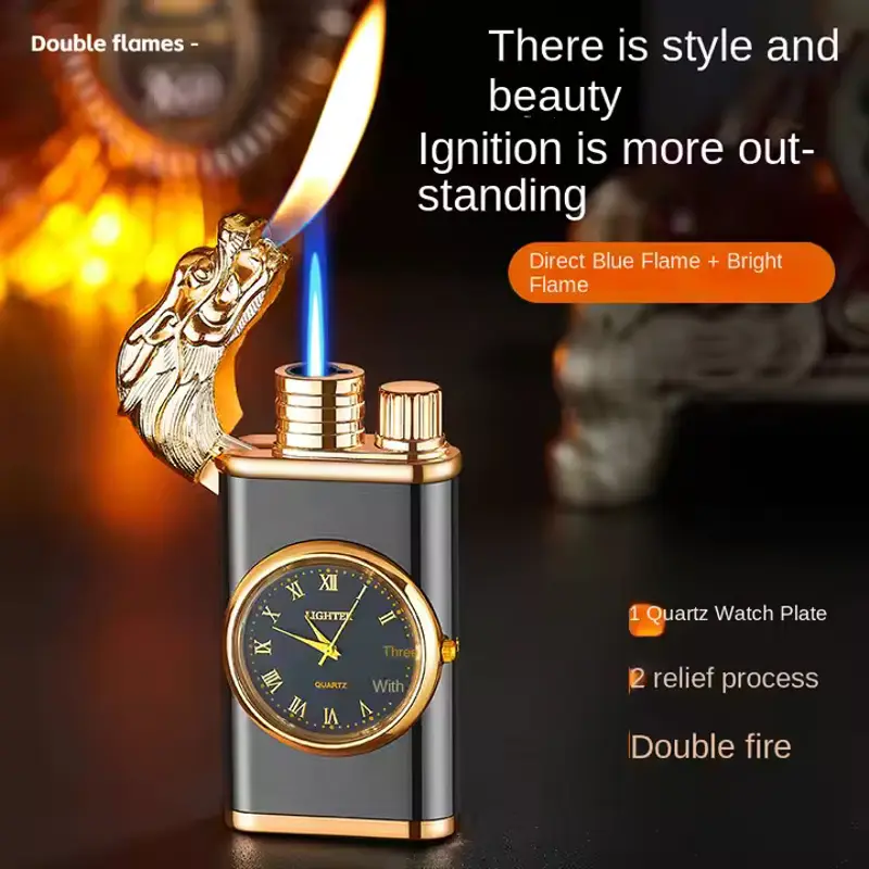 Briquet Lion à Double Flamme avec Horloge – Élégant et Pratique
