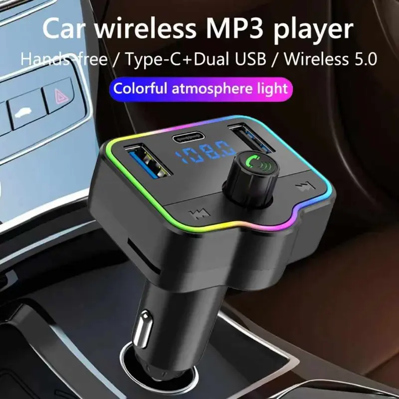 Voiture Bluetooth 5.0 FM Type-C Double USB 3.1A Chargeur Rapide Coloré